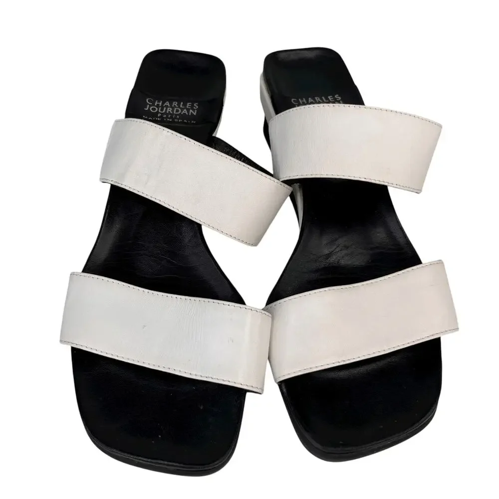 Charles Jourdan Paris Yol Wedge Sandals Black White 8M